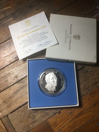 1974 Republic Of Panama 20 Balboas Silver Proof Coin Certificate 3.  85 Ounces 2