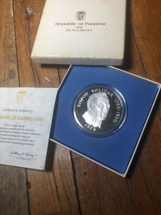 1974 Republic Of Panama 20 Balboas Silver Proof Coin Certificate 3.  85 Ounces 3
