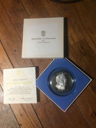 1973 Republic Of Panama 20 Balboas Silver Proof Coin Certificate 3.  85 Ounces 4