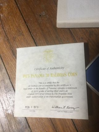 1973 Republic of Panama 20 Balboas Silver Proof Coin Certificate 3.  85 Ounces 4 3