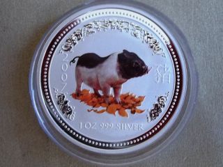 Australia 1$ One Dollar 2007 Lunar I Pig 1oz Bullion Silver Ag.  999 Bu Colored