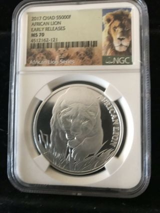 2017 Chad Silver 5000 Francs African Lion Ngc Ms - 70 Early Release - 177112