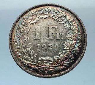 1921 Switzerland - Silver 1 Franc Coin - Helvetia Symbolizes Swiss Nation I68508