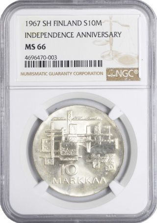 1967 Ms66 Finland Silver 10 Markka Ngc Km 50 Independence Anniversary Pop 7/4