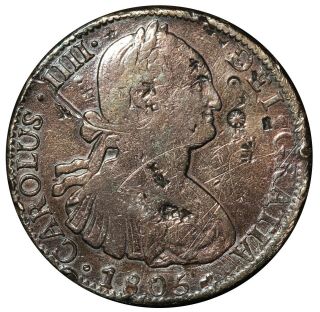 1805 Mo Th Mexico Charles Iv 8 Reales Silver Coin - Km 109 - Chopmarks