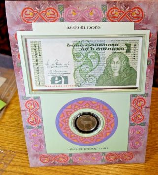 Ireland: Official Irish One Punt Note & Proof Coin Set In Display Case.