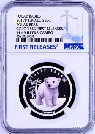 2017 P Tuvalu Proof Silver Polar Babies Bear Ngc Pf69 1/2 Oz Coin W/ Ogp Fr