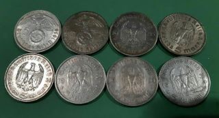 8 German Nazi Coins Different Years 5 Reichsmark 900 Silver Ag