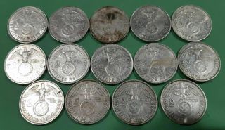 14 German Nazi Coins Different Years 2 Reichsmark With Swastika 625 Silver Ag