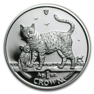 2002 Isle Of Man Bengal Cat & Kitten Cat Coin 1oz.  999 Silver Proof,  Capsule,  M