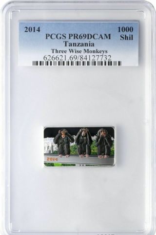 2014 Tanzania Large Proof 1 Oz Silver 1000 Francs 3 Wise Monkeys Pcgs Pr 69
