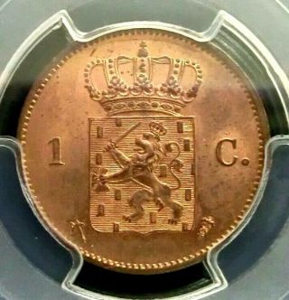 Pcgs Ms64rb Secure - Netherlands 1877 William Ii One Cent Choice Bu Scarce
