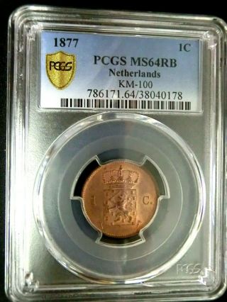 PCGS MS64RB Secure - Netherlands 1877 William II One Cent Choice BU Scarce 2