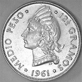 Dominican Republic 1961 1/2 Peso - - - - Sharp Lightly Toned B U - - - -