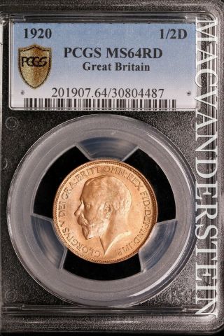 Great Britain: 1920 Half Penny - Pcgs Ms64rd - Brilliant Uncirculated Slg143