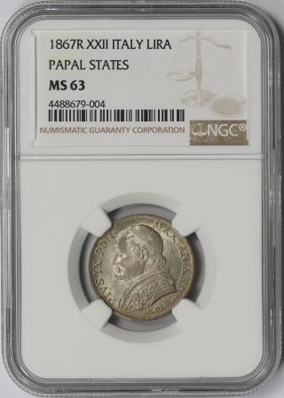 1867r Xxii Italy Silver Lira Ngc Ms 63 (papal States)