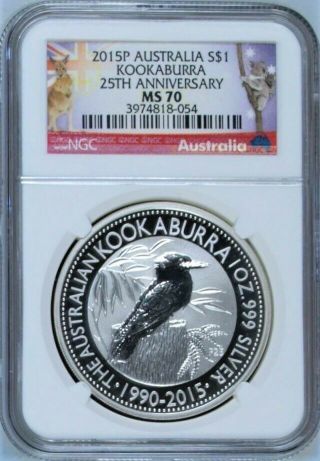 2015 - P Australia Kookaburra 1oz Silver 25th Anniv Ngc Ms70 Coin