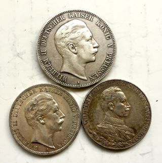 Germany Silver 3 Coins - 5 Mark 1903,  3 Mark 1912,  3 Mark 1913