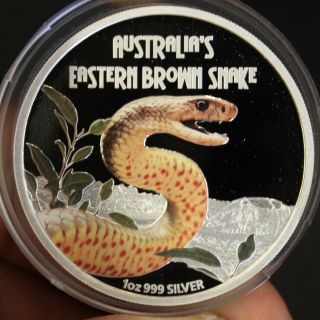 2010 Proof Tuvalu 1 Oz Silver Eastern Brown Snake Box And