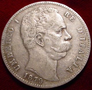 Umberto I 1879 Large Silver Crown 5 Lire Kingdom Of Italy Coin