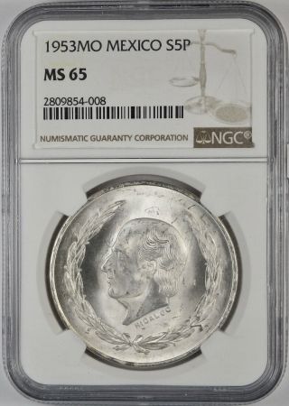 1953 Mexico 5 Pesos Silver Coin Ngc Ms65