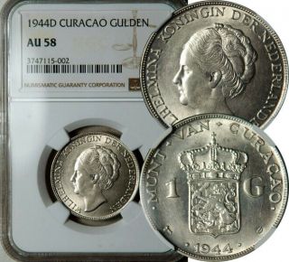 Ngc Au - 58 Curacao Netherlands Antilles Silver 1 Gulden 1944 (scarcer Than 2 - 1/2)