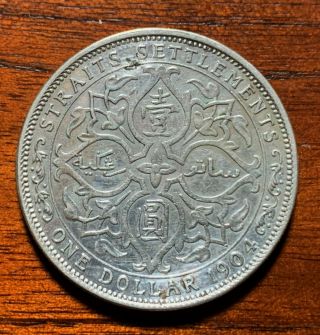 1904 Straits Settlements 1 Dollar Silver Coin,  Xf