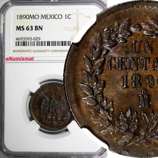 Mexico Second Republic Copper 1890 Mo Centavo Ngc Ms63 Bn Km 391.  6