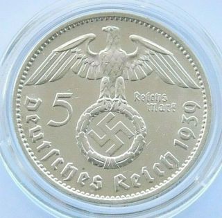 German Coin 5 Mark Reichsmark 1939 F Swastika Hindenburg Silver 3rd Reich Ww2