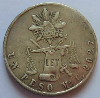 1870 Mexico Un Peso Silver Libertad Coin,  Vintage Mexican (121028N) 2