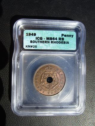 1949 Southern Rhodesia 1 Penny,  Icg Ms 64 Red Brown,  Zimbabwe