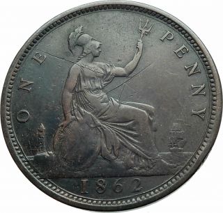 1862 Uk Great Britain United Kingdom Queen Victoria Penny Coin I79523