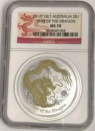 2012 P $1 Ngc Ms70 Gold Gilted Australia Lunar Year Of The Dragon 1 Oz Silver