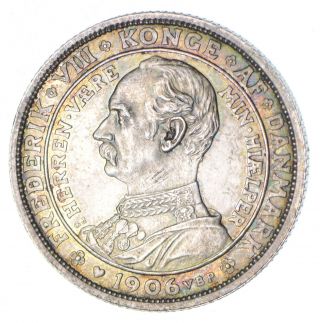 1906 Denmark 2 Kroner - Silver World Coin - 15.  2 Grams 216