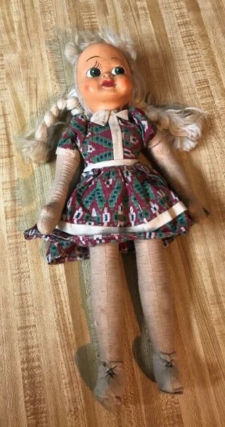 Vintage 16 1/2” Jointed Cloth Doll With Plastic Face