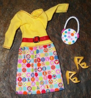 Barbie Doll Clothes - Yellow & Print Dress,  Shoes,  Purse