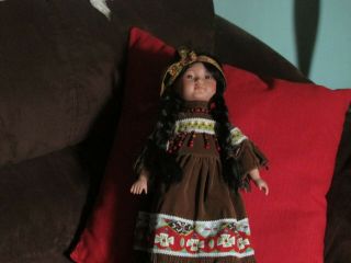 Native American Indian Girl Doll 16 " Tall Braids Head Band Dress With Beads