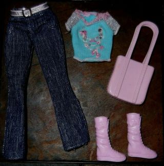 Barbie Doll Clothes - Denim Jeans W/ Belt,  Aqua Top,  Shoes,  Purse