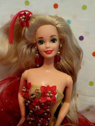 Gorgeous Happy Holidays Barbie Doll,  Red Gown,  Blonde Hair,  Shoes Excd Mattel