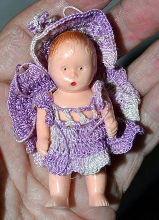 Tiny 2 1/2 " Miniature Vintage Hard Plastic Jointed Girl Child Doll,