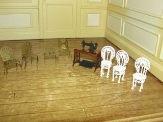 Dollhouse Miniature 1/2 " Scale Metal Chairs & Sewing Machine