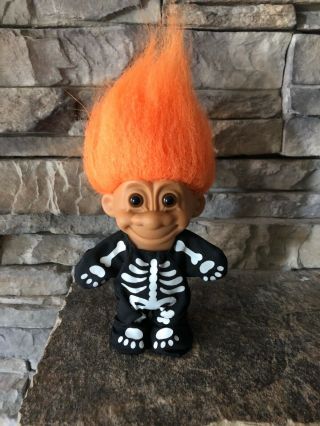 Russ Troll Doll 4 1/2” Orange Hair Brown Eyes Dressed As A Halloween Skeleton