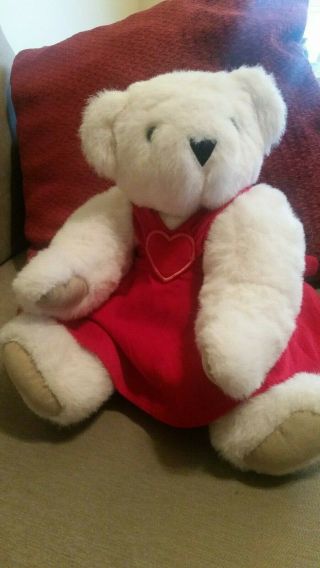 16 " White Vermont Teddy Bear Jointed Blue Eyes In Velvet Red Heart Dress