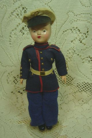 Vintage 71/2 " Souvenir Costume Doll Military Uniform Brass Buttons Red Trim