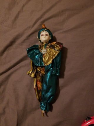 Vintage Porcelain Harlequin Golden Genie Doll Hand Painted Face 13 " Tall