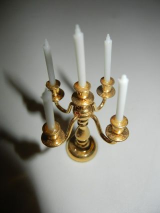 Dollhouse Miniature 1/12 Scale Gold With White Candles Candlelabra Nonworking