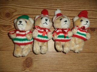 Christmas Ornament 4 " Beige Plush Teddy Bear - Set Of 4