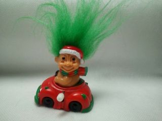 Russ Santa Troll Doll In Christmas Wind Up Red Vw Beetle Car - Green Hair