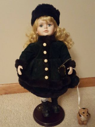 Collectible Doll With Bisque Face And Hands.  18 " With Dog.  Brand Unk.