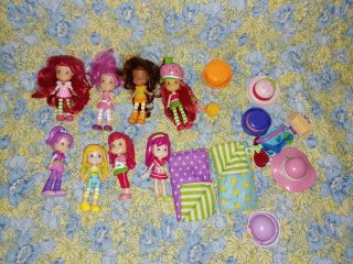 Strawberry Shortcake Miniature Dolls And Accessories - Plum,  Orange,  Lemon